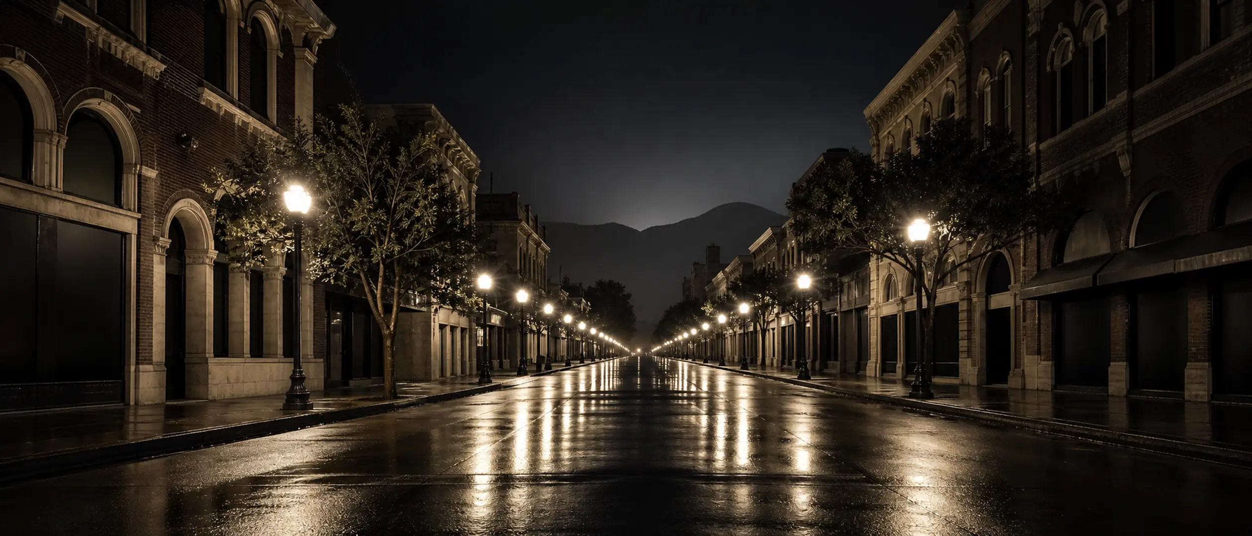 An empty Old Pasadena street of dark brick facades and ivory lamps recedes toward the foothills at blue hour.
