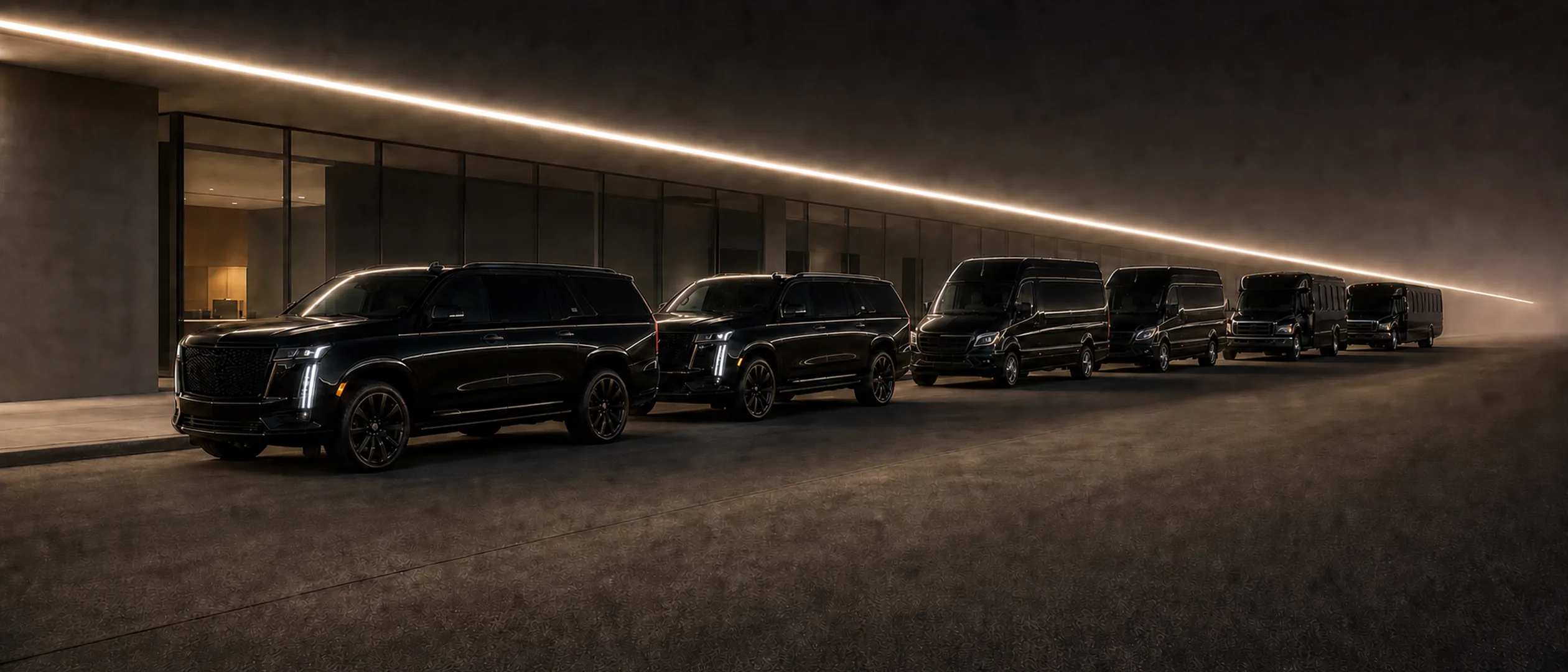 Six black vehicles line up nose-out at night beside a building lit by a long diagonal light strip: two Cadillac Escalades, two high-roof vans, and two boxy mini-coaches.