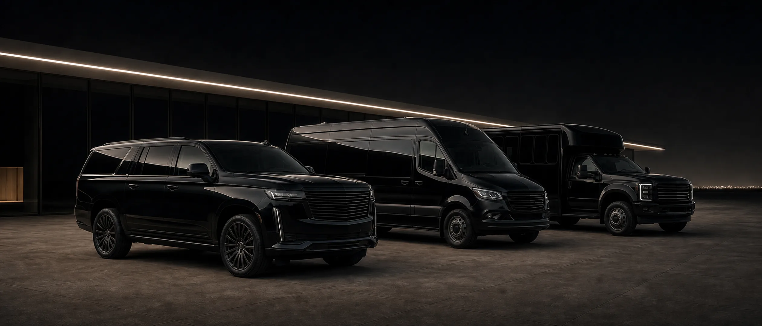 A black Cadillac Escalade, Mercedes-Benz Sprinter van, and Ford F-550 mini-coach lined up at night before a glass building, city lights on the horizon.