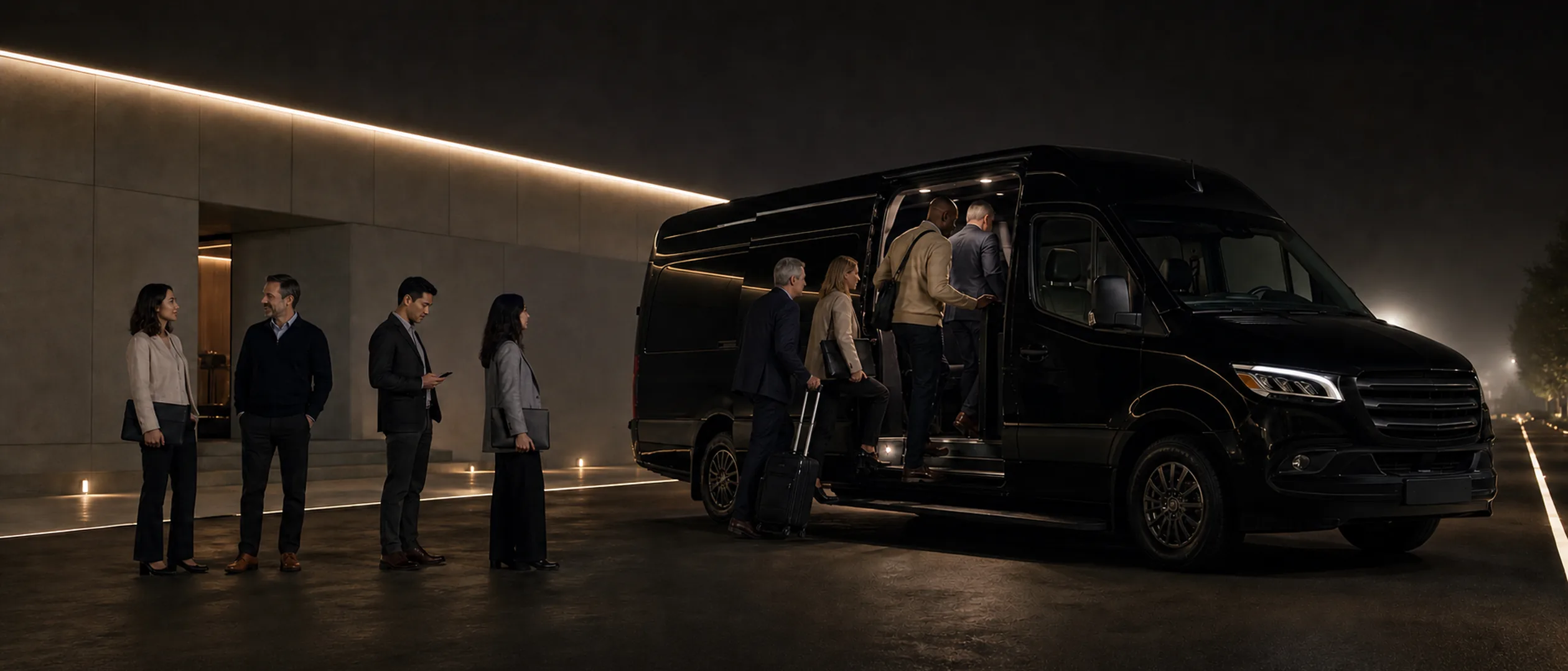 Colleagues carrying briefcases and laptop bags board a black Mercedes-Benz Sprinter van outside a modern building at night.
