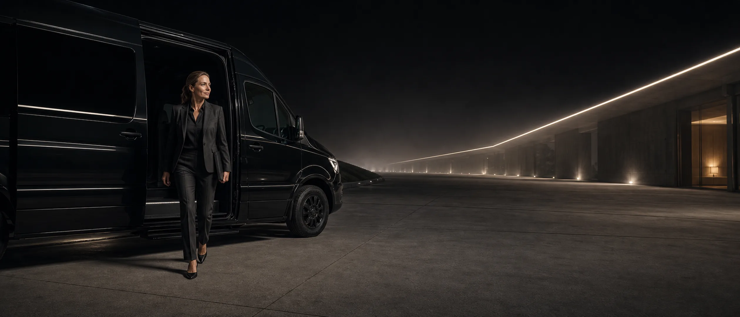 A woman in a gray suit steps out of a black Mercedes-Benz Sprinter van onto an empty lit plaza at night.