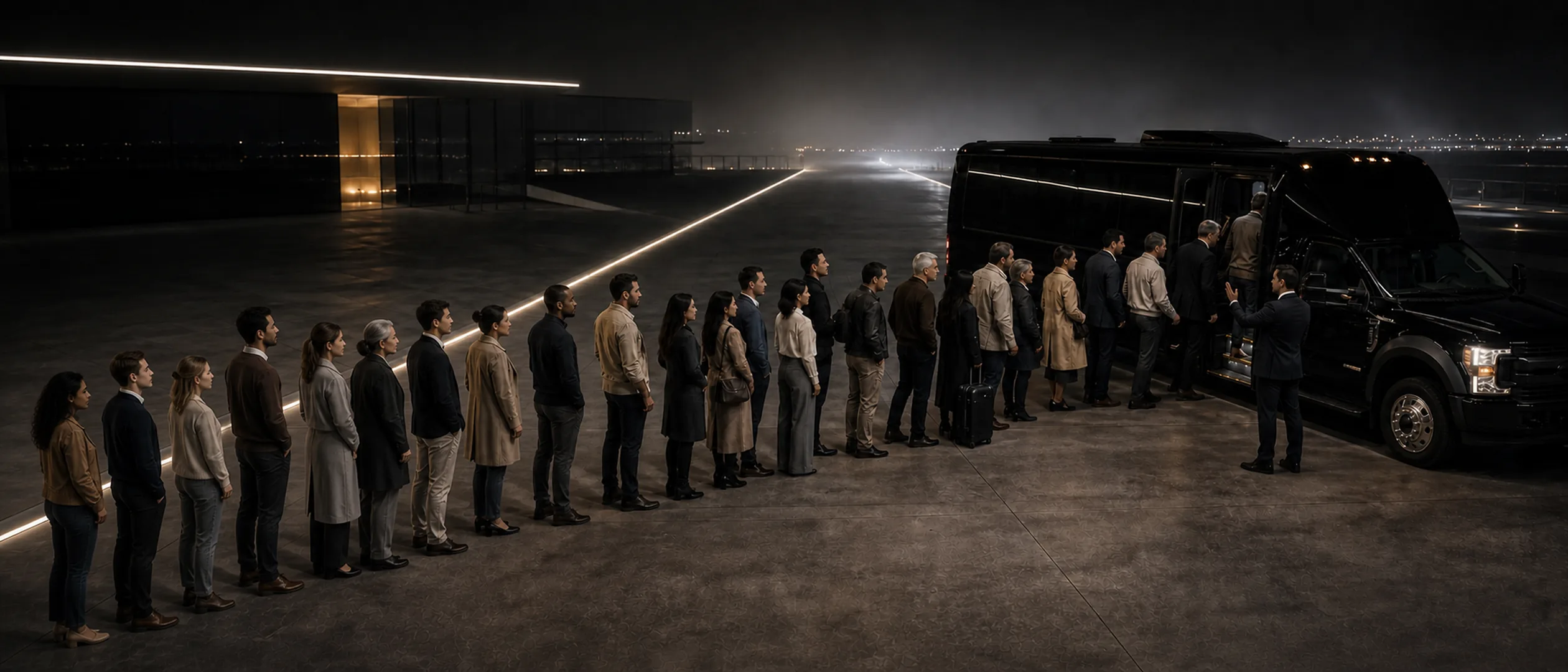 A long line of people wait on a rooftop terrace at night to board a black Ford F-550 mini-coach.