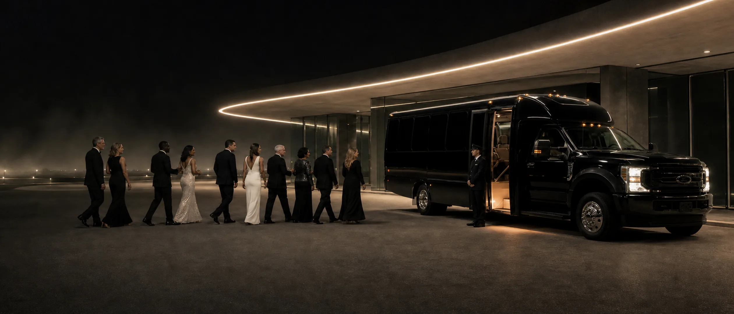 A line of ten guests in formal evening wear walk toward a black Ford F-550 mini-coach at night, where a chauffeur holds the door open under a glowing curved canopy.