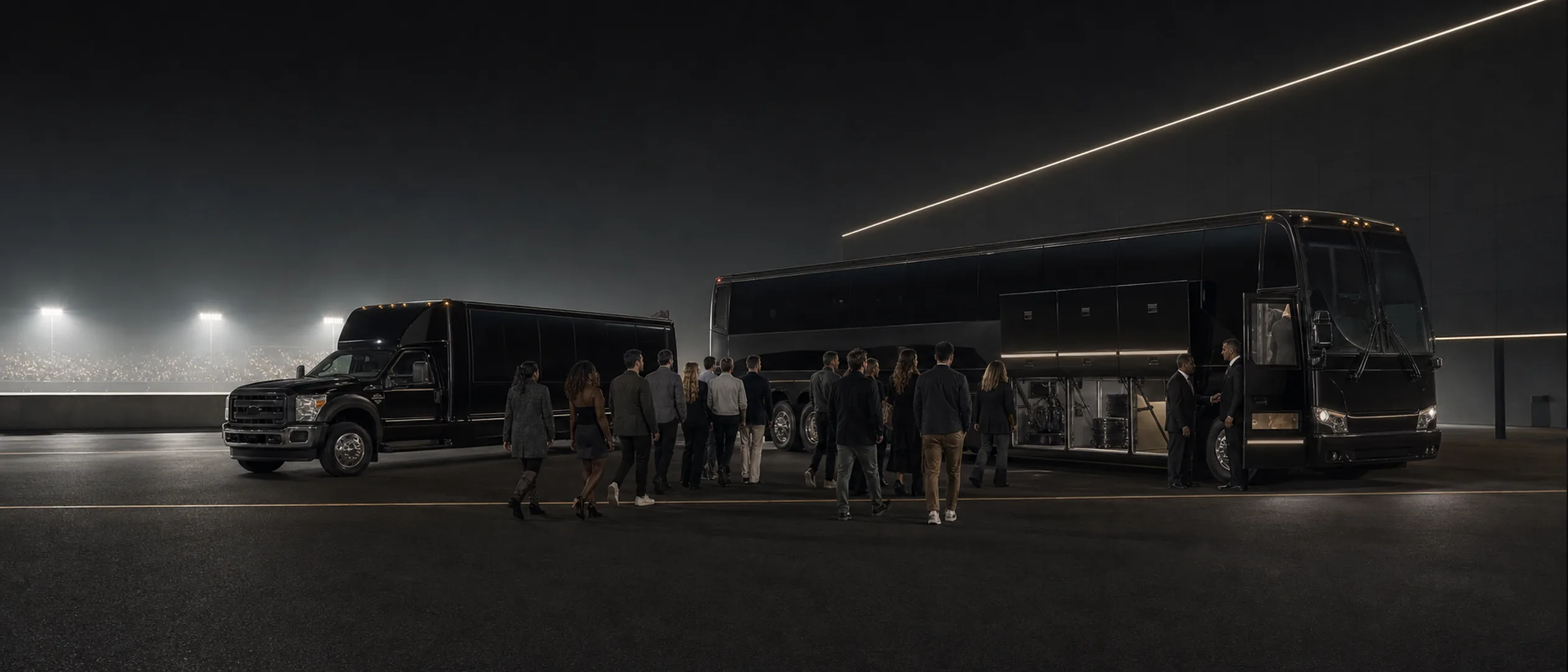 A crowd walks toward a black Ford mini-coach and a full-size touring motorcoach with open luggage bays in a stadium parking lot at night.