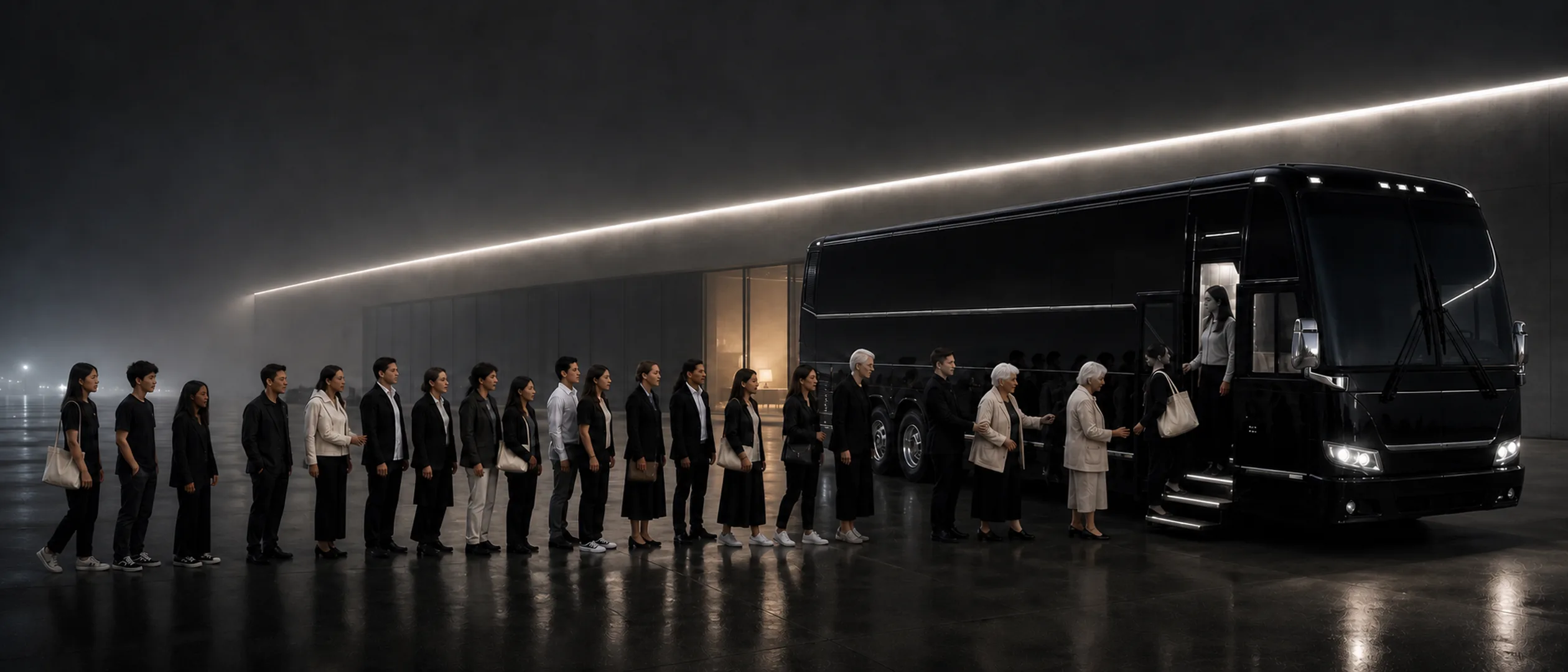 A multigenerational congregation lines up to board a black motorcoach in a dim, wet-floored hall at night.