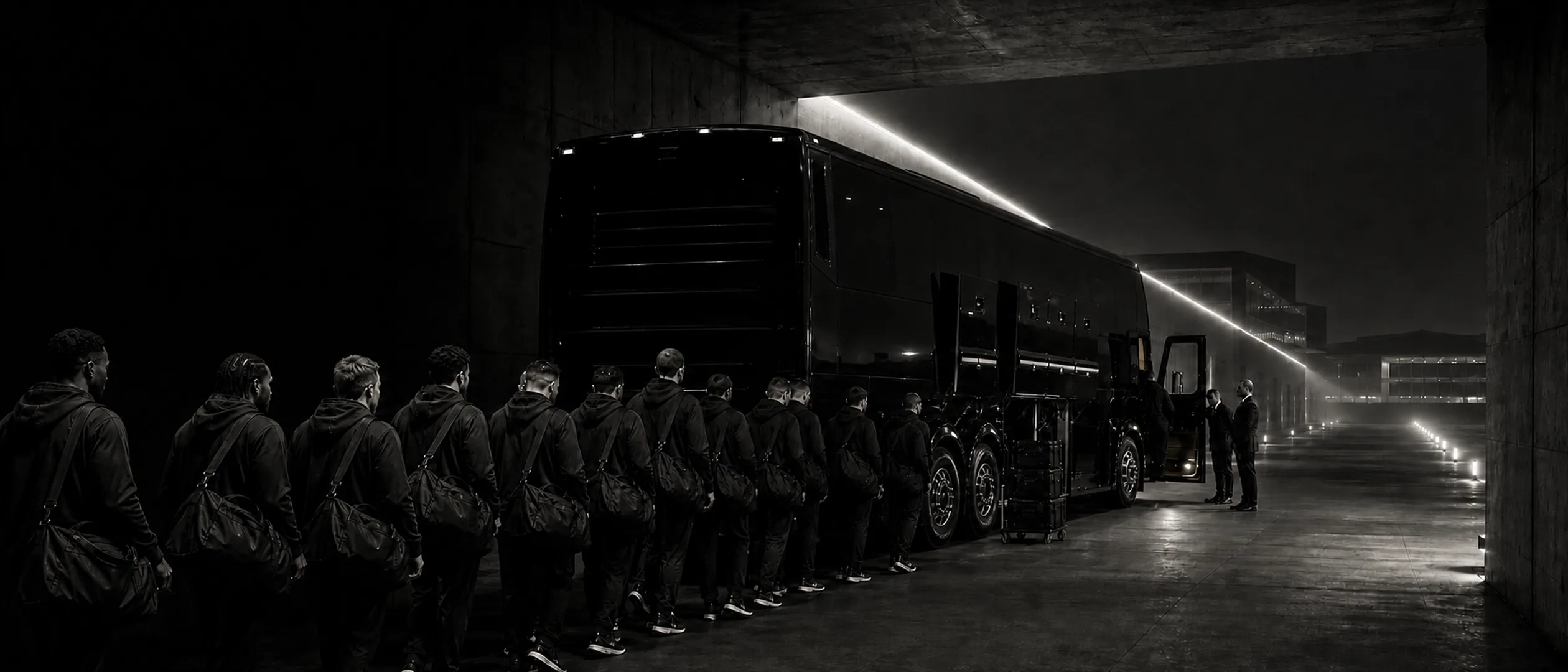A team of players with duffel bags boards a black motorcoach in a concrete garage at night, in black and white.