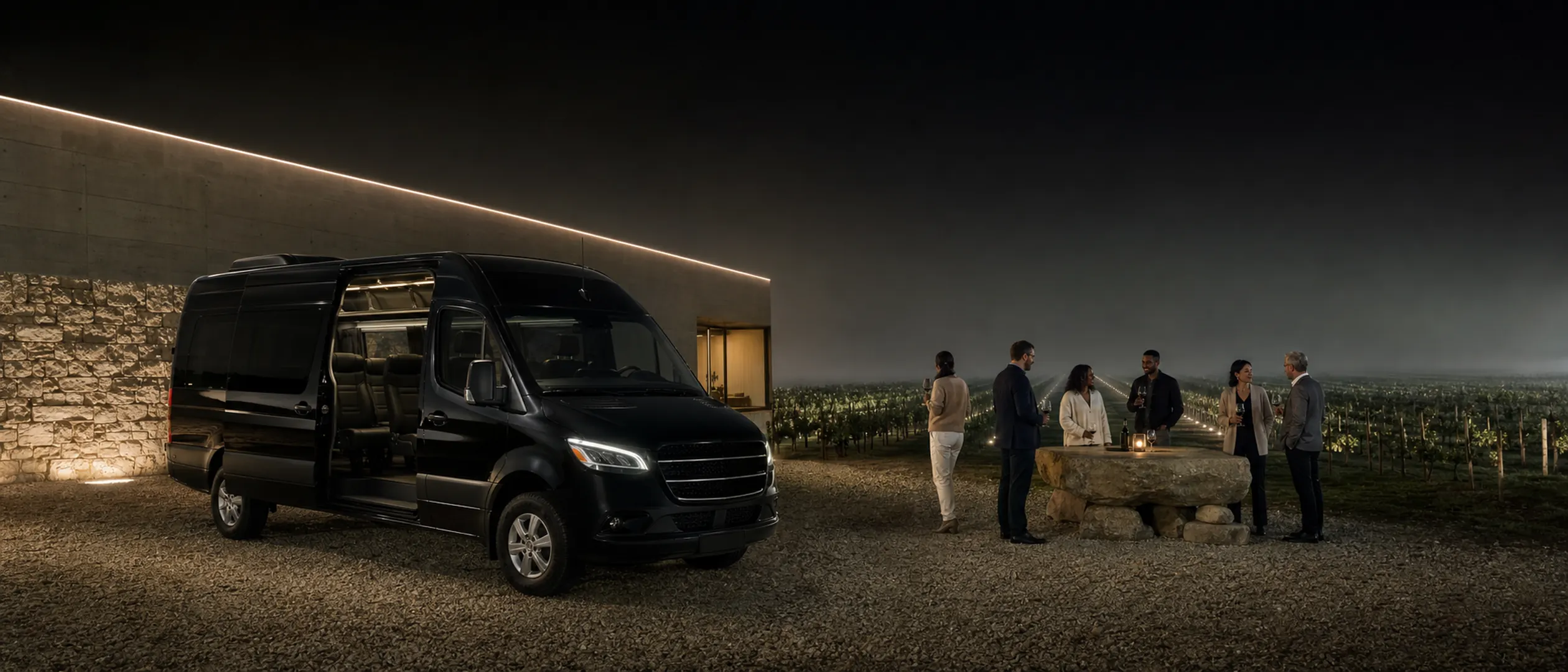Six people holding wine glasses gather at a stone table beside a black Mercedes-Benz Sprinter van, with lit vineyard rows behind them at night.